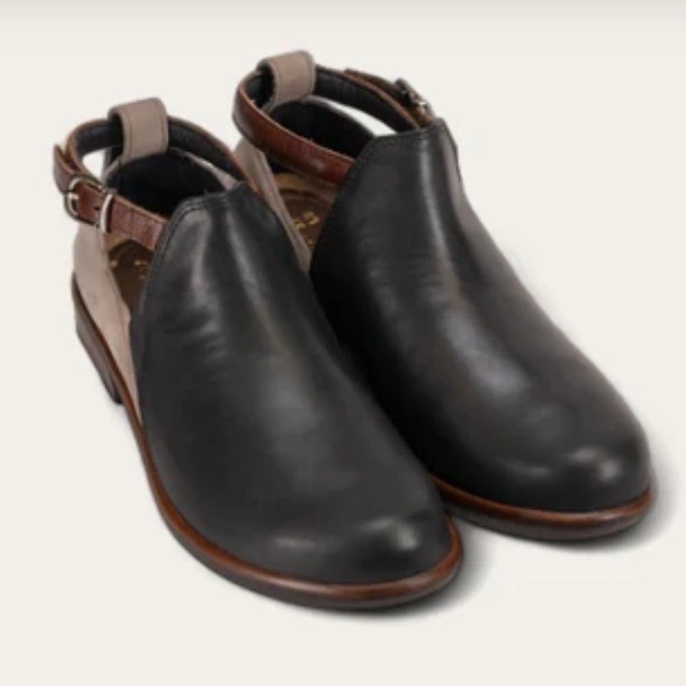 Naot Black and Brown Leather Slingback Ankle Booties